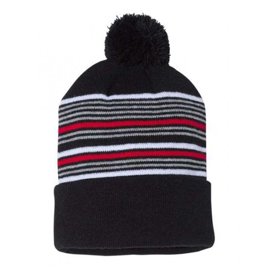 Sportsman SP60 - 12" Striped Pom-Pom Cuffed Beanie Sportsman SP60 - 12" Striped Pom-Pom Cuffed Beanie